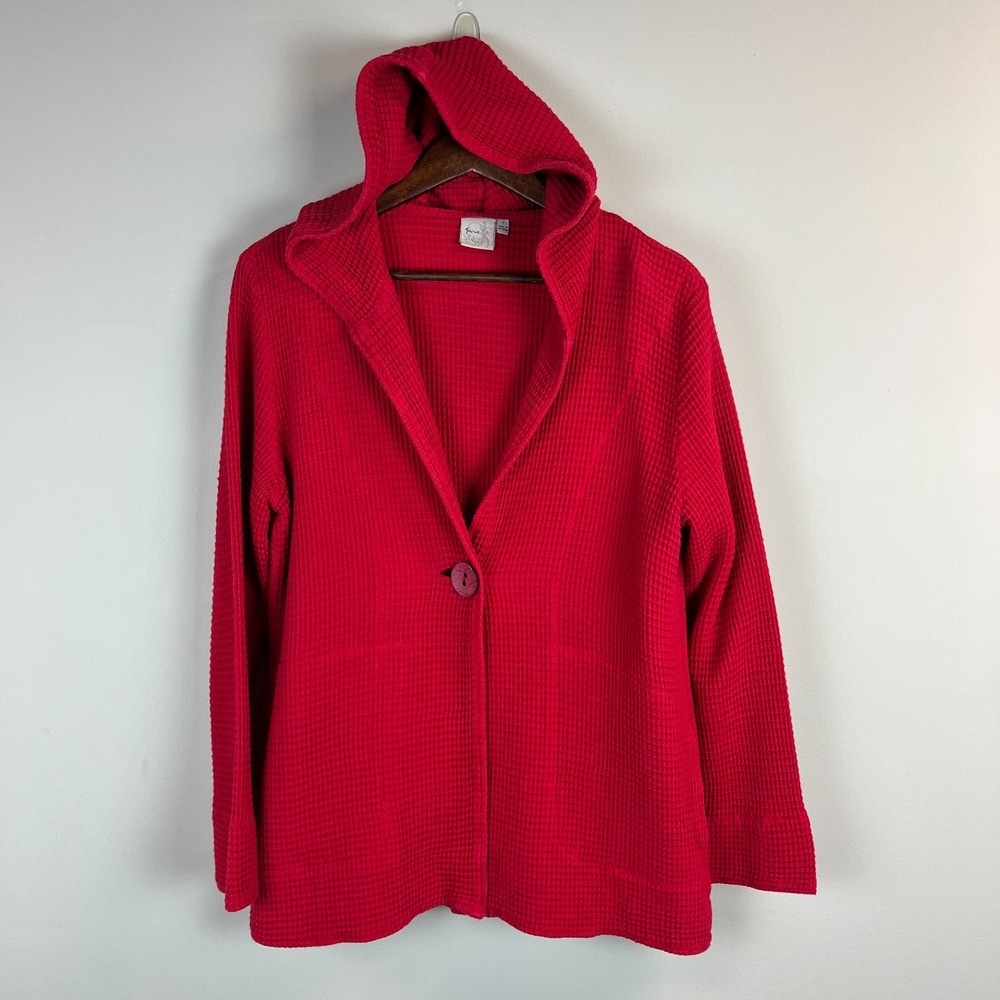 Focus Casual Life Cardigan Womens Small Red Cotton Waffle Knit Hooded Lagenlook
